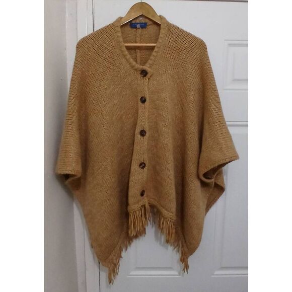 Strenesse womens large wool mohair camel brown fringe poncho sweater tan Italian - Picture 2 of 7